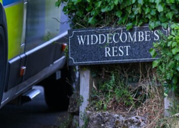 A sign that reads Widdecombe’s Rest sits near Ann Widdecombe’s residence in Dartmoor, United Kingdom.