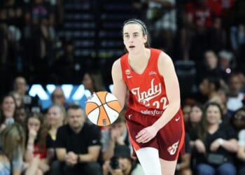 Caitlin Clark of the Indiana Fever brings the ball up the court against the Las Vegas Aces in the fourth quarter of their game at Michelob ULTRA Arena on July 12, 2026, in Las Vegas, Nevada.