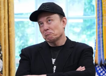 Elon Musk shrugs in the Oval Office in the White House on May 30, 2025.