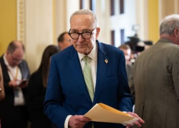 Senate Minority Leader Chuck Schumer attends a Senate luncheon press conference outside the Senate Chamber on July 15, 2026, in Washington, D.C.