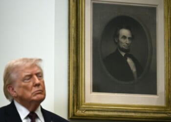 President Donald Trump stands next to a portrait of Abraham Lincoln after making an announcement regarding drug prices from the Roosevelt Room of the White House in Washington, D.C., on Dec. 19, 2025.