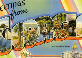 Vintage postcard reading Greetings from Georgia with large letters filled with images of landmarks, flowers, and scenery; features State Capitol in Atlanta and colorful, retro design.