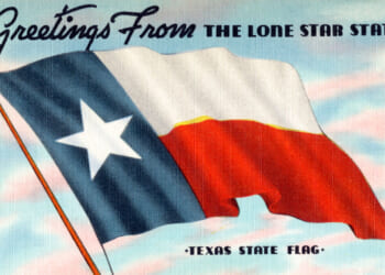 A vintage postcard reads Greetings From The Lone Star State and shows the Texas state flag waving against a sky background. Text at the bottom says Texas State Flag.