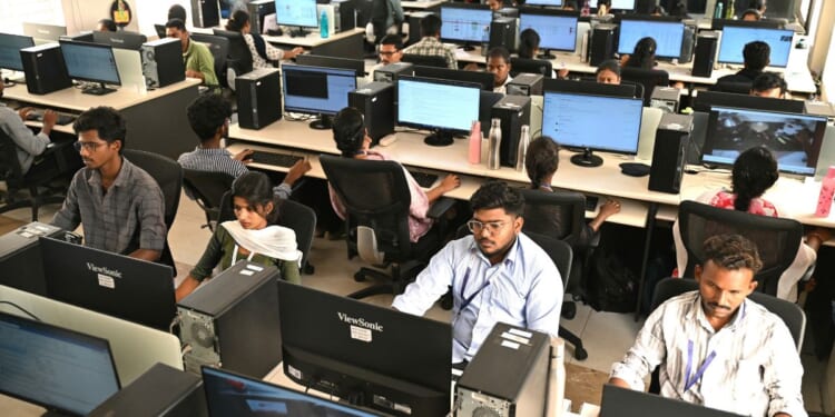 This photograph taken on May 13, 2026, shows engineers annotating data from cameras recording actions through motion capture at AI data company Objectways' office in Tamil Nadu's Karur district.