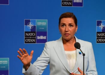 Danish Prime Minister Mette Frederiksen speaks during doorstep statements within the annual NATO Summit at Presidential Complex in Ankara, Turkey, on July 8, 2026.