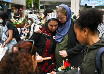 Melissa Chaudhry (C-R), one of the U.S. Congressional candidates, and Eygi's close friend Jolene cry during the memorial as hundreds of pro-Palestinian protesters gathered in Washington, United States on September 8, 2024 to protest against Israel following the killing of 26-year-old Turkish-American activist Aysenur Ezgi Eygi by Israeli soldiers in the West Bank city of Nablus.