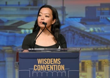 Wisconsin gubernatorial candidate Francesca Hong speaks on stage during Wisconsin Democrats 2026 Convention on June 14, 2026, in Madison, Wisconsin.