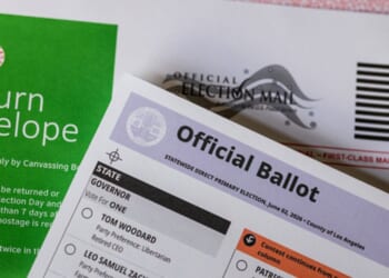 An official Californian ballot lays on a table on May 5, 2026 in Los Angeles, California.