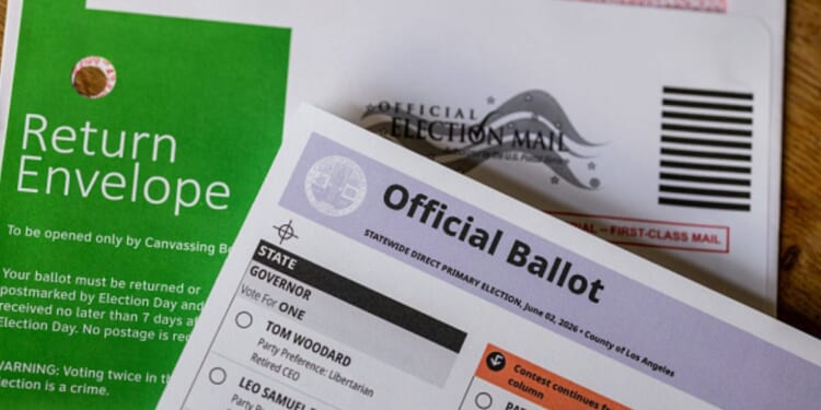 An official Californian ballot lays on a table on May 5, 2026 in Los Angeles, California.