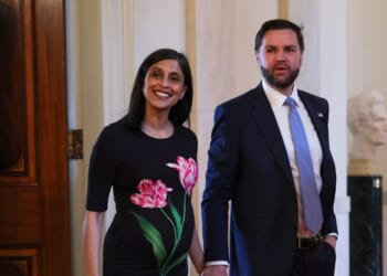 Second Lady Usha Vance and Vice President J.D. Vance arrive for a military mothers celebration in the East Room of the White House on May 6, 2026, in Washington, D.C.