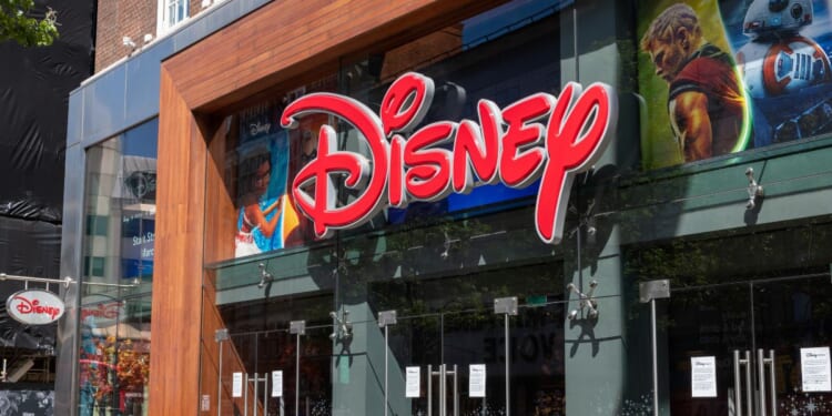 The name sign and facade of the Disney store in Oxford Street on June 13, 2020, in London, England.