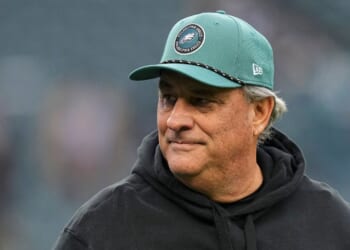 Defensive coordinator Vic Fangio of the Philadelphia Eagles looks on against the Pittsburgh Steelers at Lincoln Financial Field on Dec. 15, 2024, in Philadelphia, Pennsylvania.