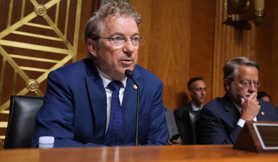 Sen. Rand Paul, R-Ky., speaks as Dr. Anthony Fauci appears before the Senate Homeland Security and Governmental Affairs Committee at the Capitol, Wednesday, July 29, 2026, in Washington. (AP Photo/Allison Robbert)