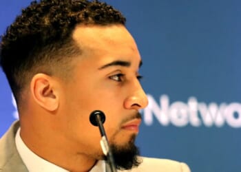Blaise Taylor speaks among the 2017 NFF National Scholar-Athlete Class and Campbell Trophy Finalists during the press conference for the 60th NFF Anual Awards Ceremony at New York Hilton Midtown on Dec. 5, 2017, in New York City.