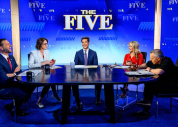 NEW YORK, NEW YORK - JUNE 16: Hosts Jessica Tarlov, Jesse Watters, Dana Perino and Greg Gutfeld with Vice President of the United States JD Vance discusses new his book "Communion: Finding My Way Back to Faith" as he visits "The Five" at Fox News Channel Studios on June 16, 2026 in New York City. (Photo by Roy Rochlin/Getty Images)
