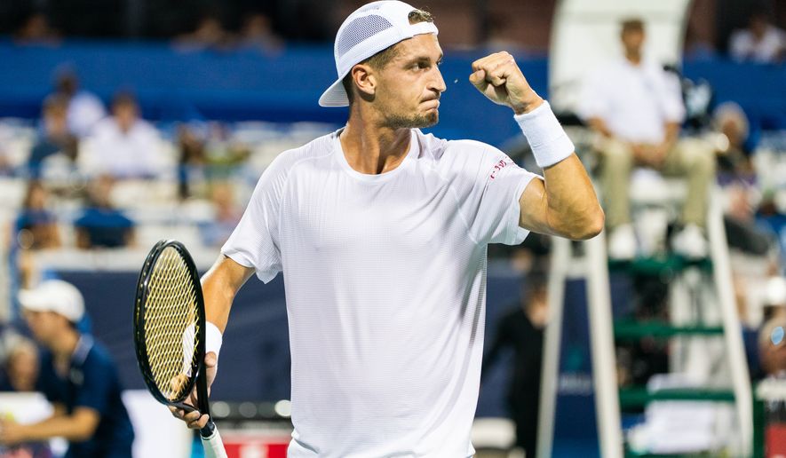 Terence Atmane of France celebrates a point during a first round match against Frances Tiafoe of the United States at the DC Open tennis tournament in Washington, D.C., Monday, July 27, 2026. Atmane won 4-6, 6-3, 6-4. (All-Pro Reels)