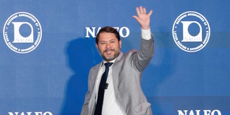 Arizona Sen. Ruben Gallego speaks at the National Association of Latino Elected and Appointed Officials conference at the Intercontinental Los Angeles Downtown in Los Angeles, California, on Wednesday, July 15, 2026.