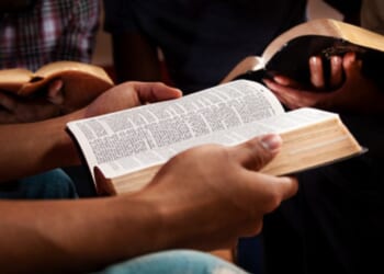 People reading Bibles in a warmly lit room.