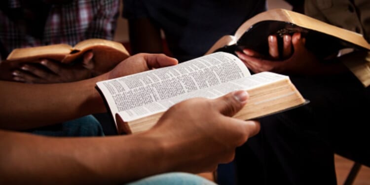 People reading Bibles in a warmly lit room.