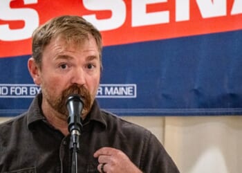 Graham Platner, the embattled Democratic nominee for Senate in Maine, speaks to campaign supporters in a June 7 file photo.