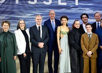 Anne Hathaway, Matt Damon, Donna Langley, Emma Thomas, Christopher Nolan, Brian L. Roberts, Zendaya, Samantha Morton, Benny Safdie, Elliot Page, Mike Cavanagh, John Leguizamo, and Hoyte van Hoytema attend the world premiere of "The Odyssey" at Odeon Luxe Leicester Square on July 6, 2026, in London, England.