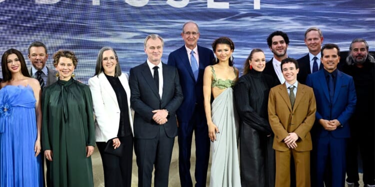 Anne Hathaway, Matt Damon, Donna Langley, Emma Thomas, Christopher Nolan, Brian L. Roberts, Zendaya, Samantha Morton, Benny Safdie, Elliot Page, Mike Cavanagh, John Leguizamo, and Hoyte van Hoytema attend the world premiere of "The Odyssey" at Odeon Luxe Leicester Square on July 6, 2026, in London, England.