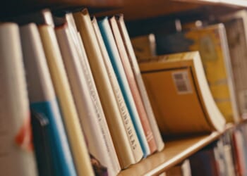 Leaned books on a shelf are pictured.