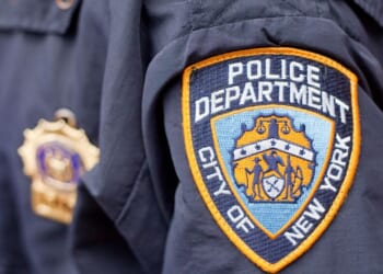 The crest on the jacket of a New York City police officer while on patrol on May 19, 2011.