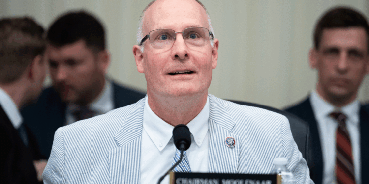 Chairman John Moolenaar, R-Mich., prepares for the House Select Committee on the Chinese Communist Party hearing titled "United We Stand: Strategies to Counter PRC Economic Coercion Against Democracies," in Cannon building on Wednesday, July 23, 2025. Rahm Emanuel, former U.S. ambassador to Japan, and Scott Morrison, former prime minister of Australia, testified. (Tom Williams/CQ-Roll Call, Inc via Getty Images)