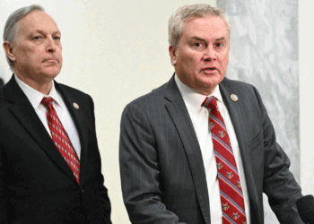 (L/R) House Oversight Committee chairman Rep. James Comer (R), Republican from Kentucky, and Rep. Andy Biggs (L), Republican from Arizona, speak to reporters after a House Oversight Committee closed-door virtual deposition with Ghislaine Maxwell on Capitol Hill in Washington, DC, on February 9, 2026. Jeffrey Epstein's accomplice Ghislaine Maxwell will be questioned behind closed doors by the US Congress on Monday, though she's expected to invoke her right to not answer questions. Maxwell, currently serving 20 years in prison for trafficking girls to the disgraced financier Epstein, will face questions from prison via video-link, in a deposition by the House of Representatives' Oversight Committee. (Photo by ANDREW CABALLERO-REYNOLDS / AFP via Getty Images)