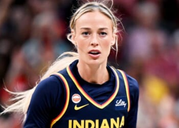Sophie Cunningham #8 of the Indiana Fever plays against the New York Liberty during the first half of the July 18 game in Indianapolis, Indiana.