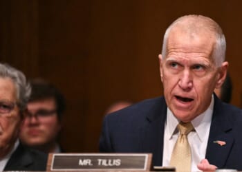Sen. Thom Tillis, a Republican from North Carolina, questions Kevin Warsh, nominee for Federal Reserve Chair, during a Senate Banking Committee hearing on Warsh's nomination on Capitol Hill in Washington, D.C., on April 21, 2026.