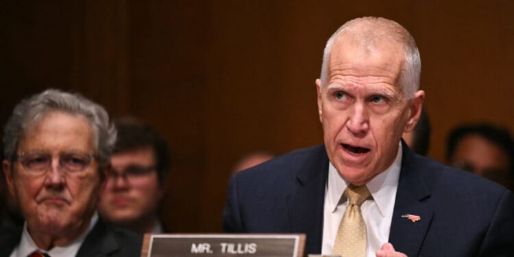 Sen. Thom Tillis, a Republican from North Carolina, questions Kevin Warsh, nominee for Federal Reserve Chair, during a Senate Banking Committee hearing on Warsh's nomination on Capitol Hill in Washington, D.C., on April 21, 2026.