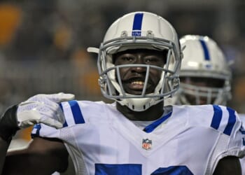 Linebacker Daniel Adongo of the Indianapolis Colts signals during a game against the Pittsburgh Steelers on Dec. 6, 2015, at Heinz Field in Pittsburgh, Pennsylvania.