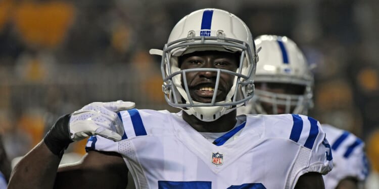 Linebacker Daniel Adongo of the Indianapolis Colts signals during a game against the Pittsburgh Steelers on Dec. 6, 2015, at Heinz Field in Pittsburgh, Pennsylvania.