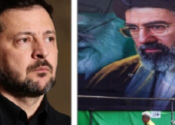 Ukraine President Volodomyr Zelenskyy, left; a street poster of Iranian "supreme leader" Mojtaba Khamenei, right.