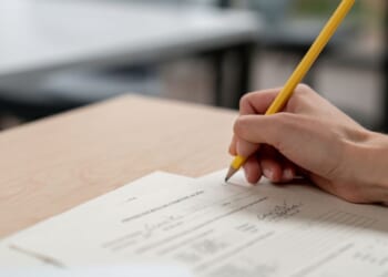 A close-up view of a university teacher grading an exam.