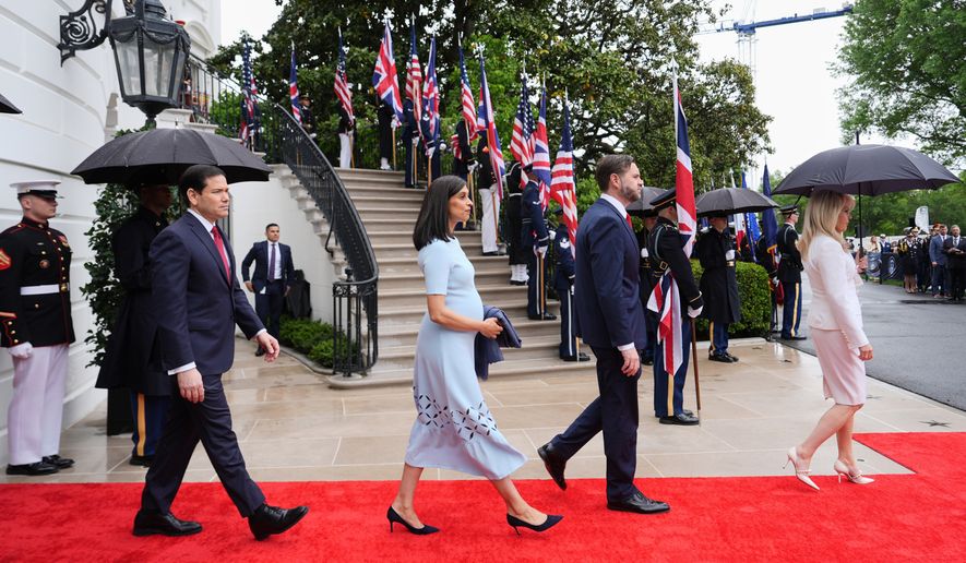 Secretary of State Marco Rubio, from left, second lady Usha Vance and Vice President J.D. Vance arrive with others at an arrival ceremony on the South Lawn of the White House, Tuesday, April 28, 2026, in Washington. (AP Photo/Julia Demaree Nikhinson)