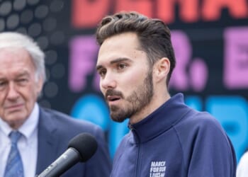 Gun control activist David Hogg speaks during the "Just Majority" Supreme Court Accountability Campaign Launch press conference in Copley Square on April 24, 2023, in Boston, Massachusetts.