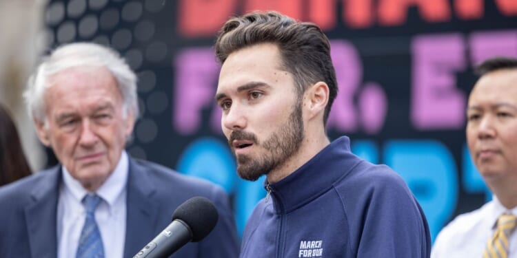 Gun control activist David Hogg speaks during the "Just Majority" Supreme Court Accountability Campaign Launch press conference in Copley Square on April 24, 2023, in Boston, Massachusetts.