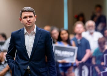 Democratic U.S. Senate candidate James Talarico listens to a question during a July 13 town hall in Eagle Pass, Texas. A town hall in Houston on Monday led to a tough few minutes for the candidate. (Brandon Bell / Getty Images)