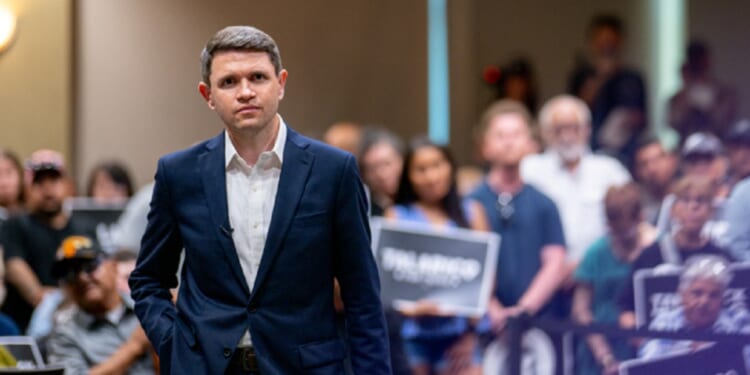 Democratic U.S. Senate candidate James Talarico listens to a question during a July 13 town hall in Eagle Pass, Texas. A town hall in Houston on Monday led to a tough few minutes for the candidate. (Brandon Bell / Getty Images)