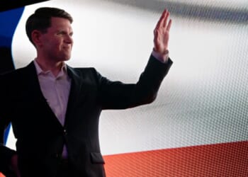 Texas Senate Candidate James Talarico waves to a crowd at Houston, Texas on a campaign stop.