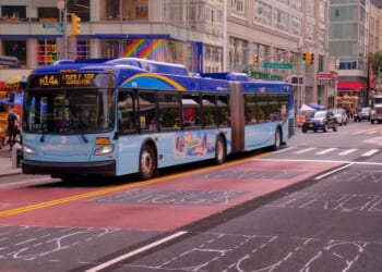 New York City Metropolitan Transportation Authority buses share 14th Street with cars for only a short time longer before it is closed to car traffic on July 1 for the work on the L train on June 17, 2019.