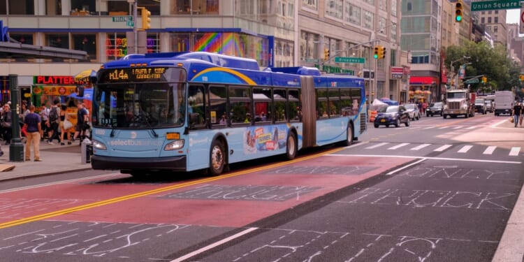 New York City Metropolitan Transportation Authority buses share 14th Street with cars for only a short time longer before it is closed to car traffic on July 1 for the work on the L train on June 17, 2019.