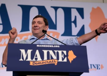Maine's newly minted Democratic Senate candidate Troy Jackson speaks in Bangor, Maine, on Sunday after becoming his party's official choice to challenge Republican Sen. Susan Collins in November.