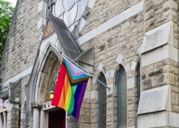 Saint Paul's Episcopal Church in downtown Evansville, Indiana, with a rainbow flag out front on May 13, 2025.