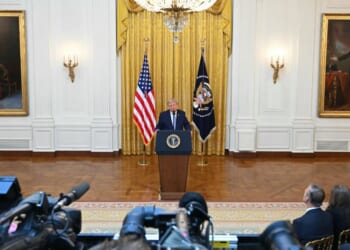 President Donald Trump addresses the nation from the East Room of the White House on July 16, 2026, in Washington, D.C.