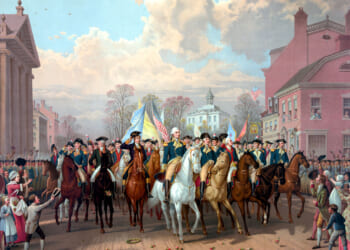 Digitally restored Revolutionary War painting of General George Washington and his men, triumphantly entering New York City as crowds cheer, November 25, 1783.