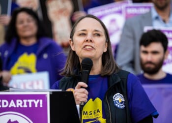 Maine Secretary of State Shenna Bellows speaks during a May Day rally organized by local unions, on May 1, 2026, outside City Hall in Portland, Maine.